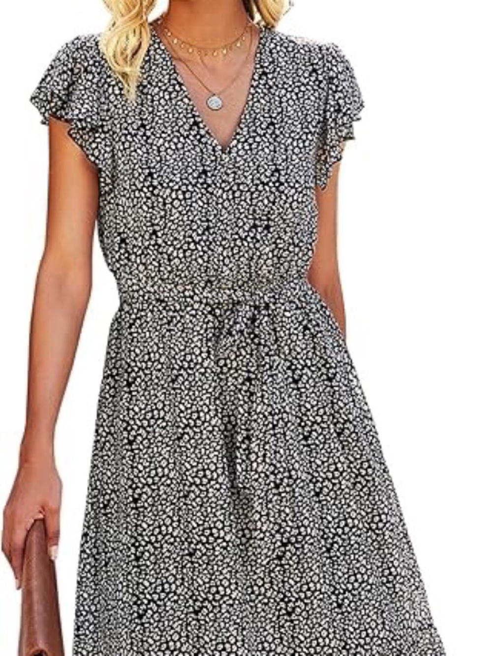 Black Ruffled Tiered Maxi Dress with Flutter Sleeves Floral Print Dress w/belt